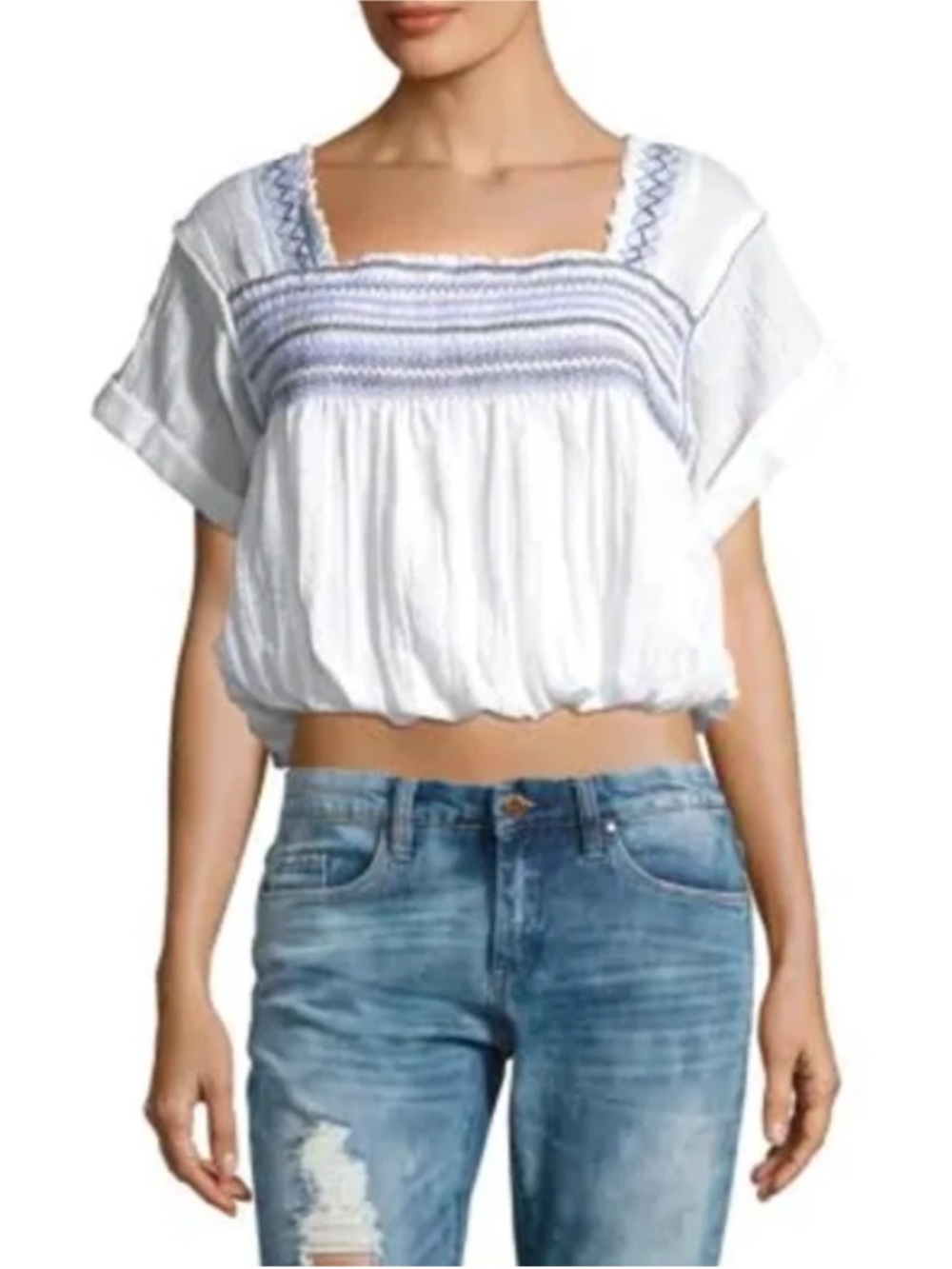 Free People Wandering Skies Crop Top Sz M White Blue  Embroidered Smocked